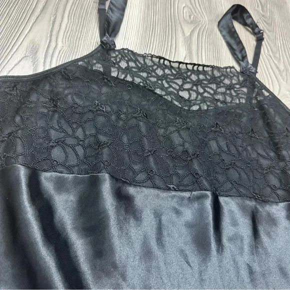Black Satin Mini Slip Dress with Lace Details - Picture 2 of 3